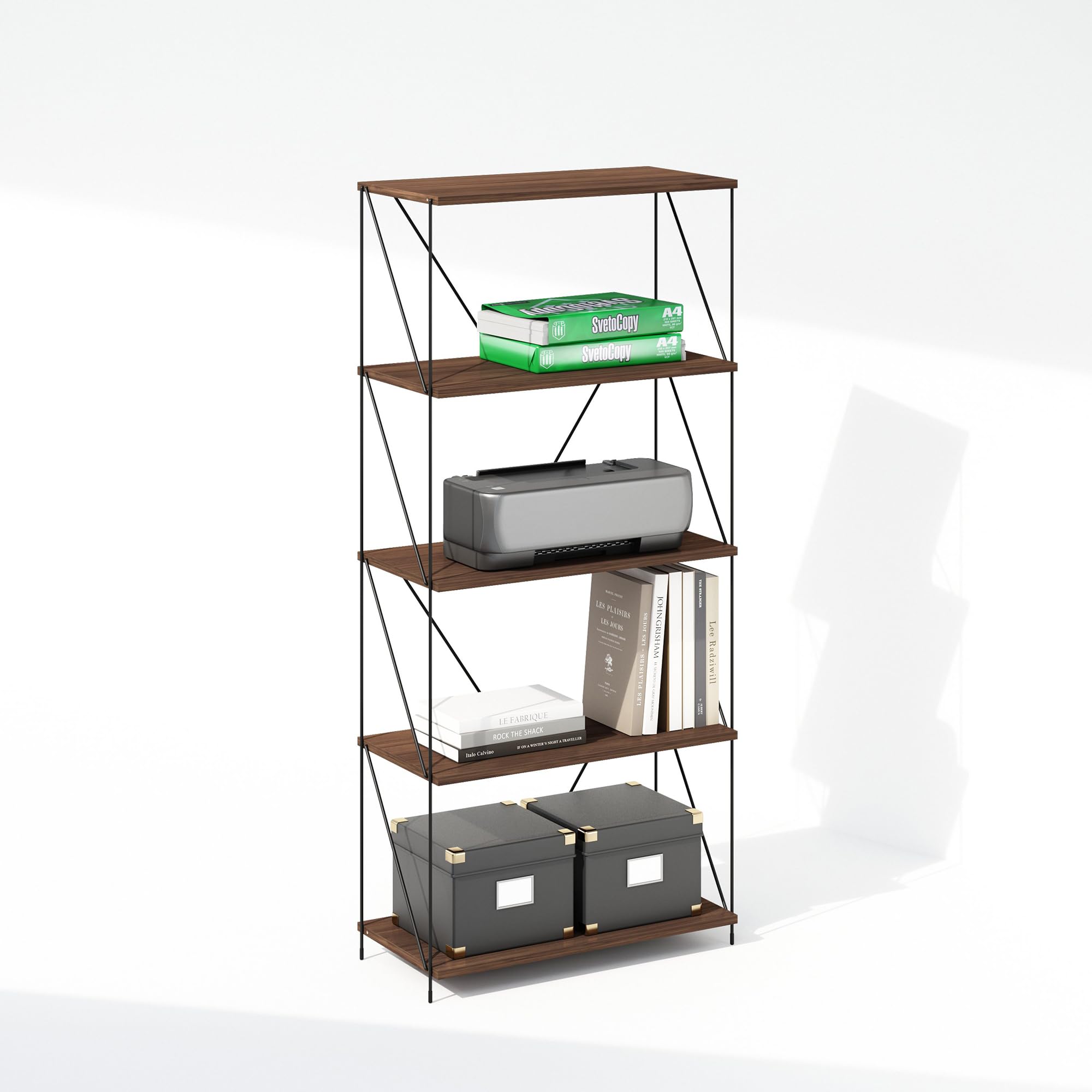 Furinno Wire 5-Tier Industrial Style Metal Frame Bookcase, Display Shelf, 24 Wide, Walnut Cove