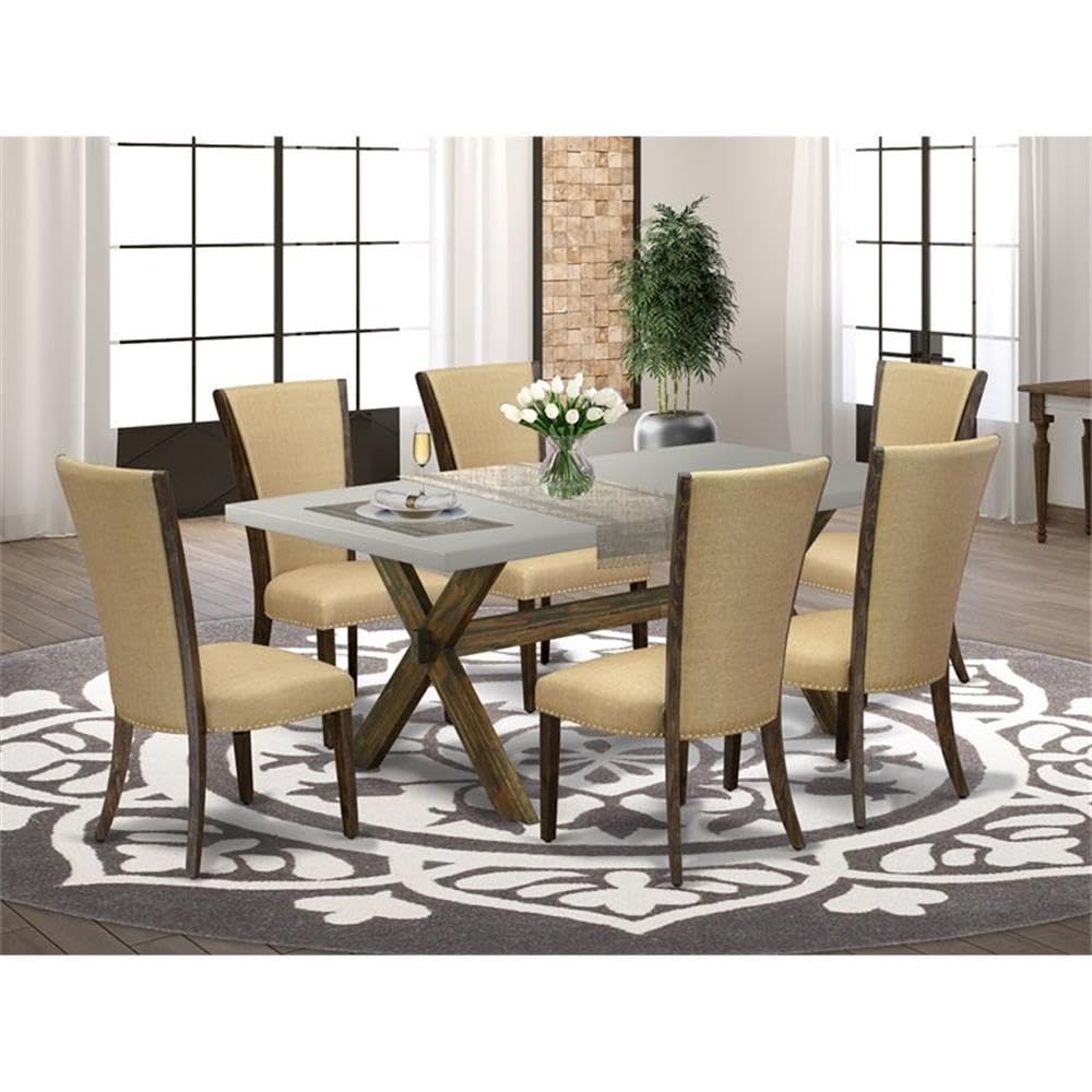 East West Furniture X797Ve703-7 7 Piece Dining Set Consist Of A Rectangle Dining Room Table With X-Legs And 6 Brown Linen Fabric Upholstered Parson Chairs, 40X72 Inch, Multi-Color