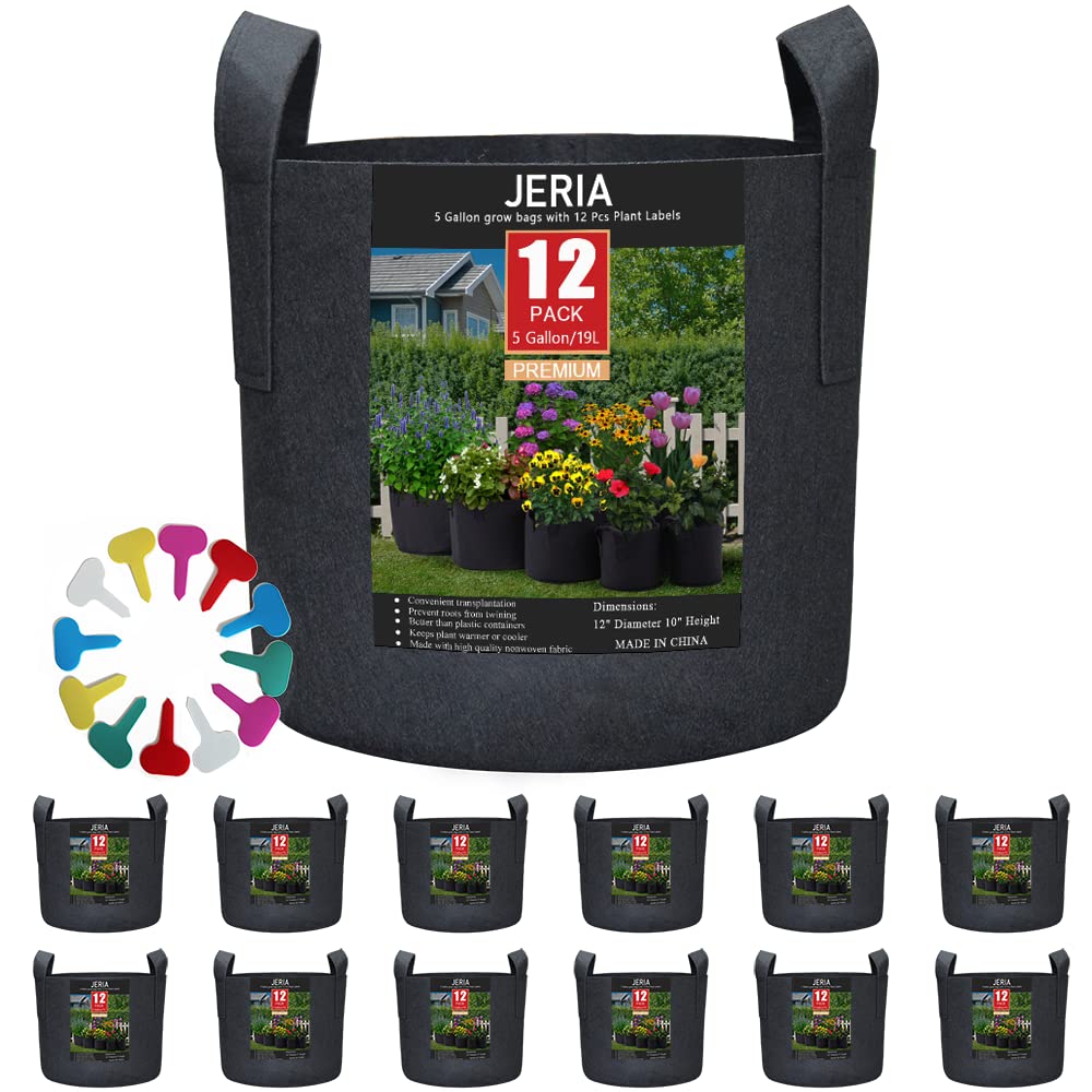 Jeria 12-Pack 5 Gallon, Vegetable/Flower/Plant Grow Bags, Aeration Fabric Pots With Handles (Black), Come With 12 Pcs Plant Labe