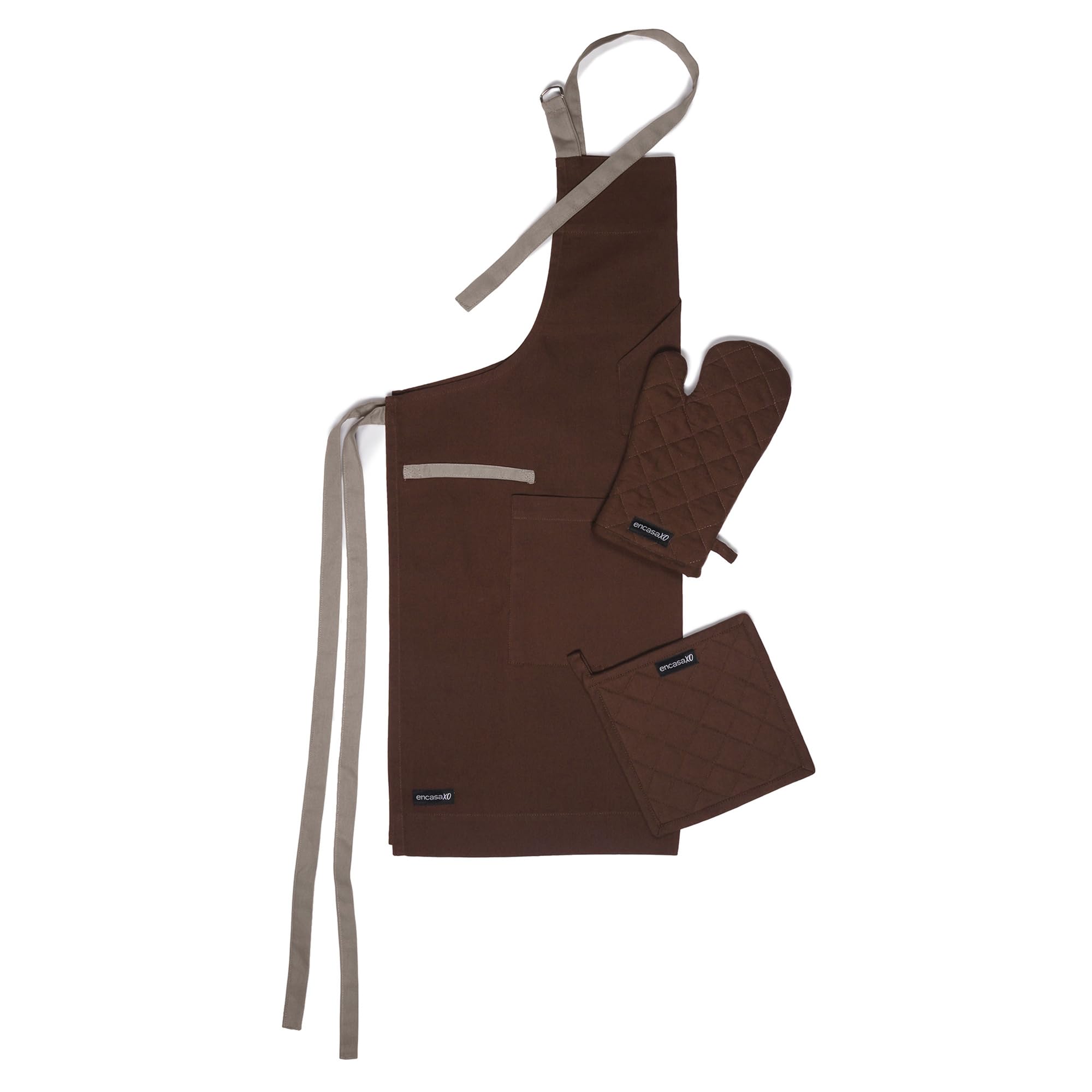 Encasa Xo Kitchen Apron With Oven Gloves & Potholder  Combo Set 100% Cotton  Heat Resistant | Dark Taupe & Beige (3 Pcs Set)