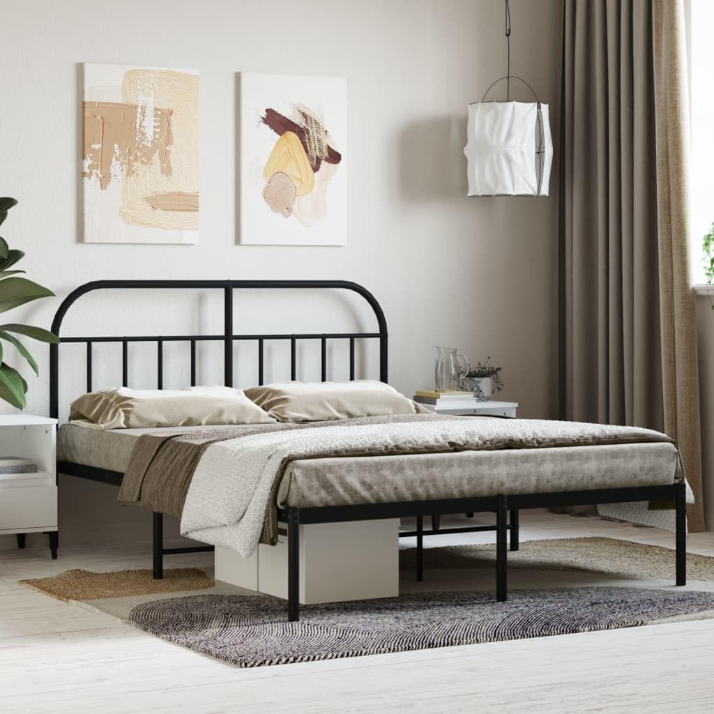 vidaXL Robust Metal Bed Frame with Headboard, Powder-Coated Steel Double Bed with Metal Slats and Maximum Storage Space, Black, Assembly Required