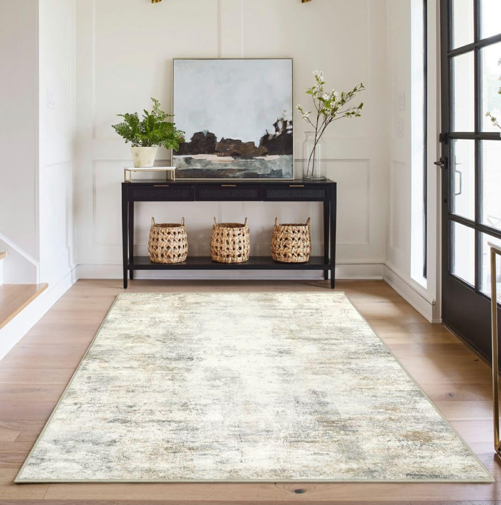 Capslpad Machine Washable Rug, Modern Abstract 3x5 Light Beige Area Rug, Low Pile Soft Non-Shedding Area Rug for Entryway, Bedsi