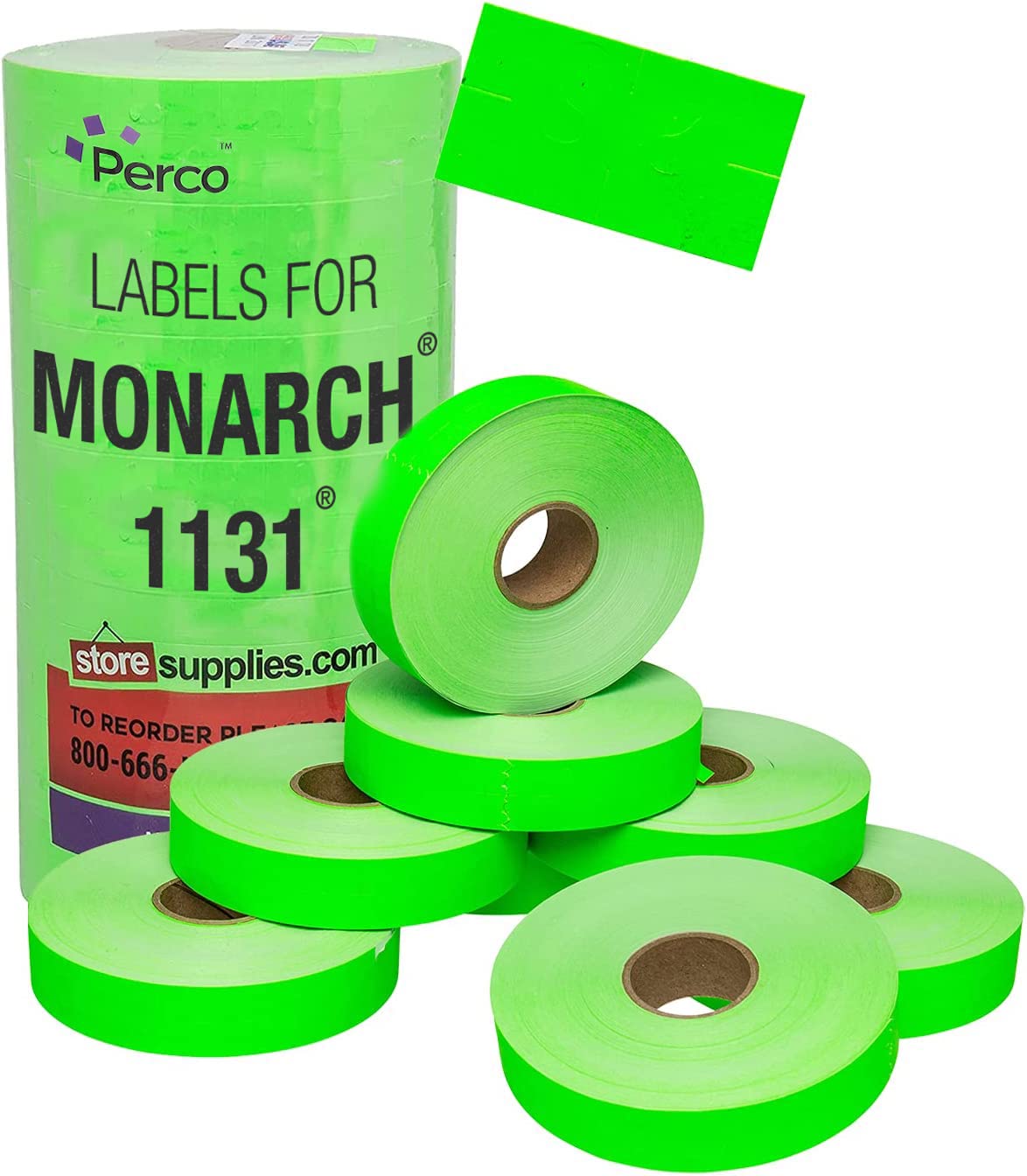 Fluorescent Green Pricing Labels For Monarch 1131 Price Gun - 1 Sleeve, 8 Rolls, 20,000 Price Marking Labels - With Ink Roll Inc