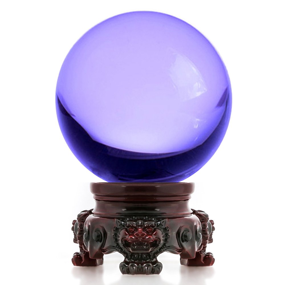 Amlong Crystal 3 inch (80mm) Purple Crystal Ball with Redwood Lion Resin Stand and Gift Box for Decorative Ball, Lensball Photog