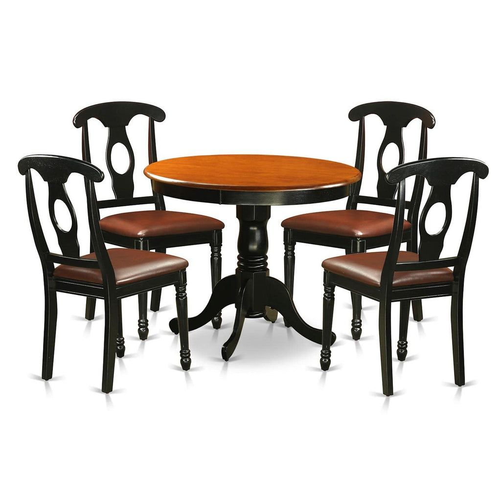 East West Furniture ANKE5-BLK-LC 5 Piece Kitchen Table & Chairs Set Includes a Round Dining Room Table with Pedestal and 4 Faux Leather Dining Room Chairs, 36x36 Inch, Black & Cherry