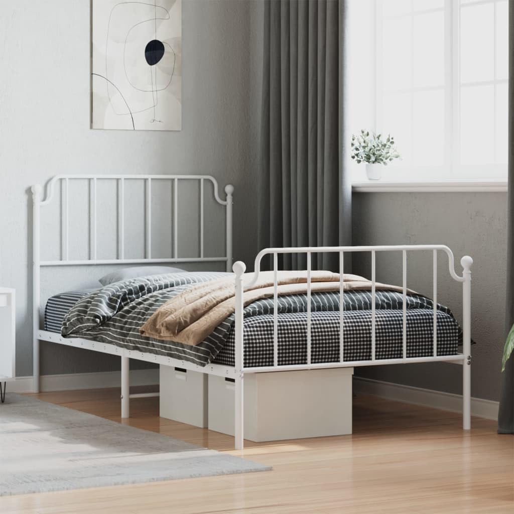 vidaXL Metal Bed Frame with Headboard and Footboard in White - Elegant Design, Extra Storage Space, Powder-Coated Steel Construction, Suitable for 39.4&quot; x 78.7&quot; Mattress
