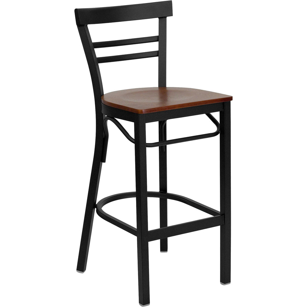 Flash Furniture HERCULES Series Black Two-Slat Ladder Back Metal Restaurant Barstool - Cherry Wood Seat