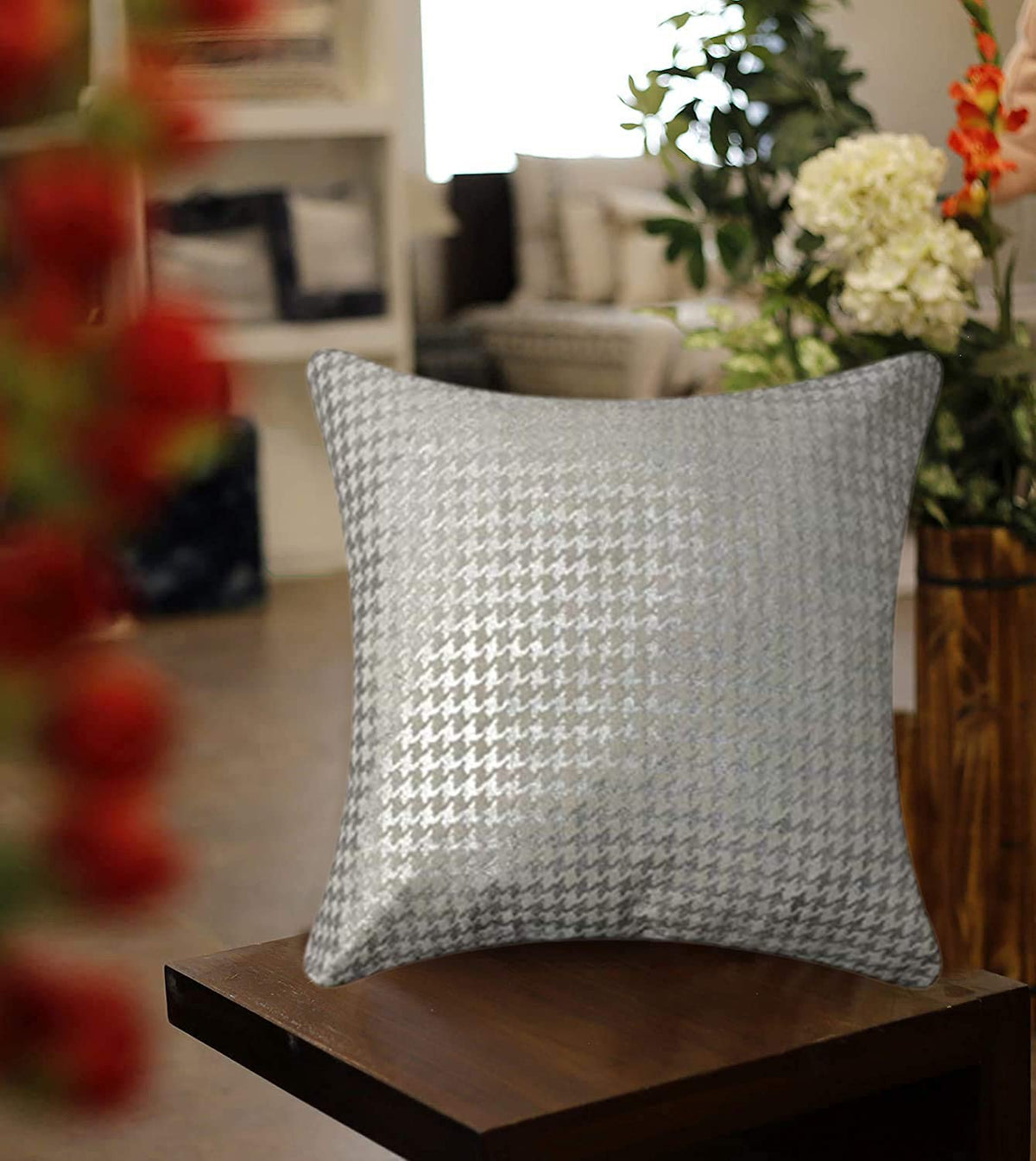 Sajavat Home Cv16 Cotton & Velvet Zig Zag Stripe Khadi Print Cushion Cover (Pack Of 1) 18X18 Inches/45X45 Cm Grey & Silver (Grey