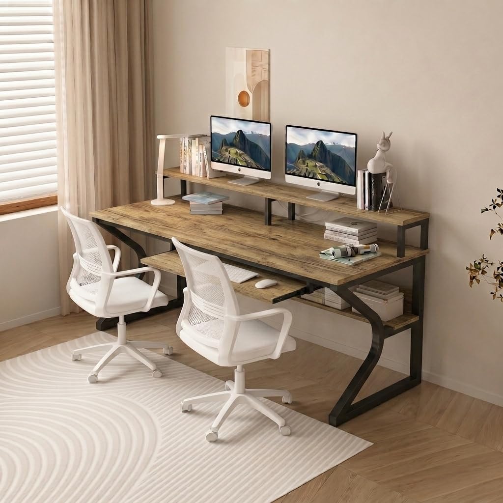 TEKAVO Plik Computer Table for Home Pc | Office Table for Home | Shelf, Moniter Riser & Keyboard Tray, Laptop Table, Worktable, 