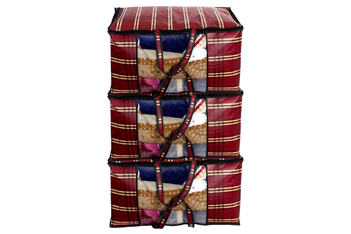 Stylista Blanket Storage Bags Large Size Set Of 3 Plaid Pattern Red