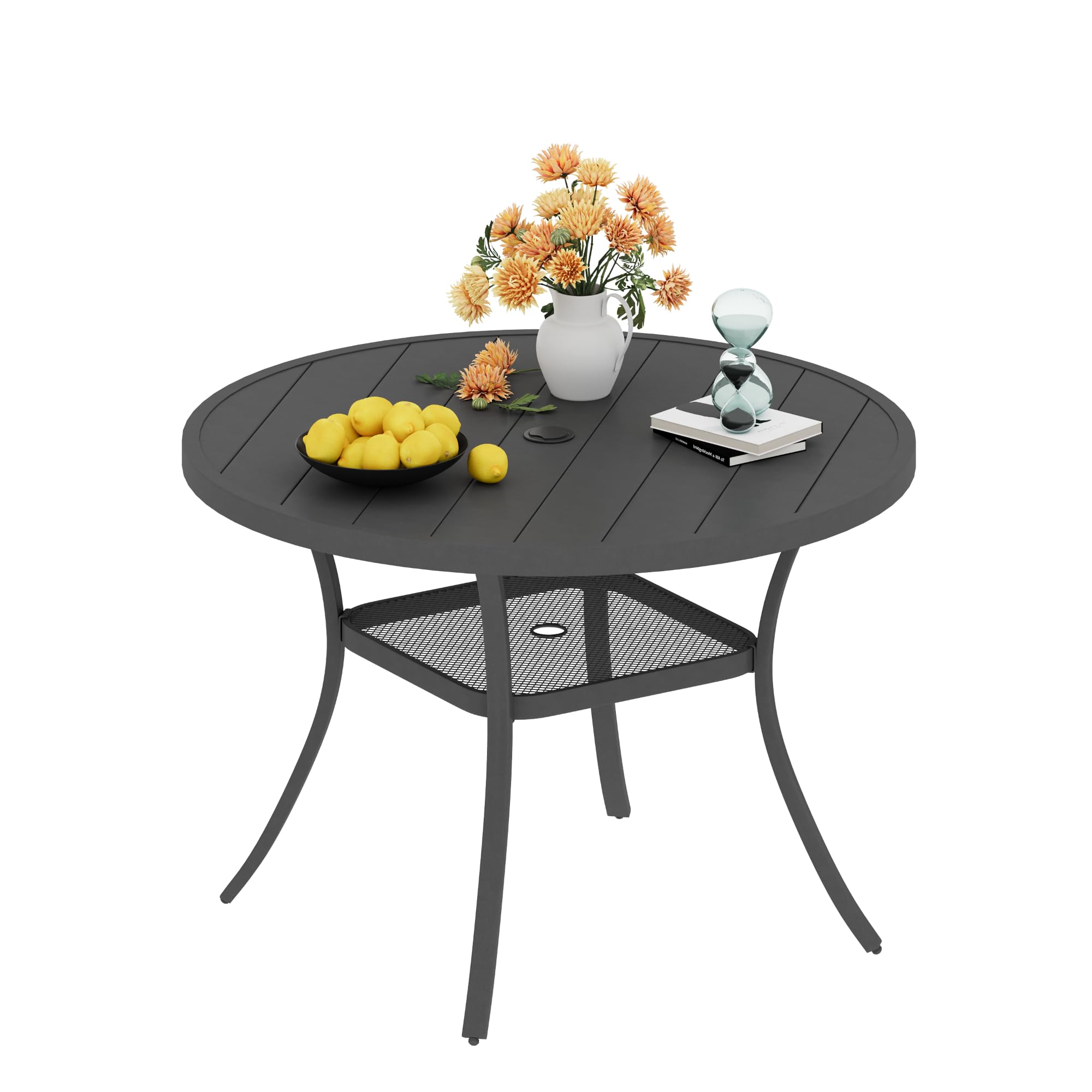Vicllax Round Patio Dining Table, 4 Person Metal Outdoor Dining Table With Umbrella Hole & Storage Shelf For Garden Lawn Deck, 42' Dark Grey
