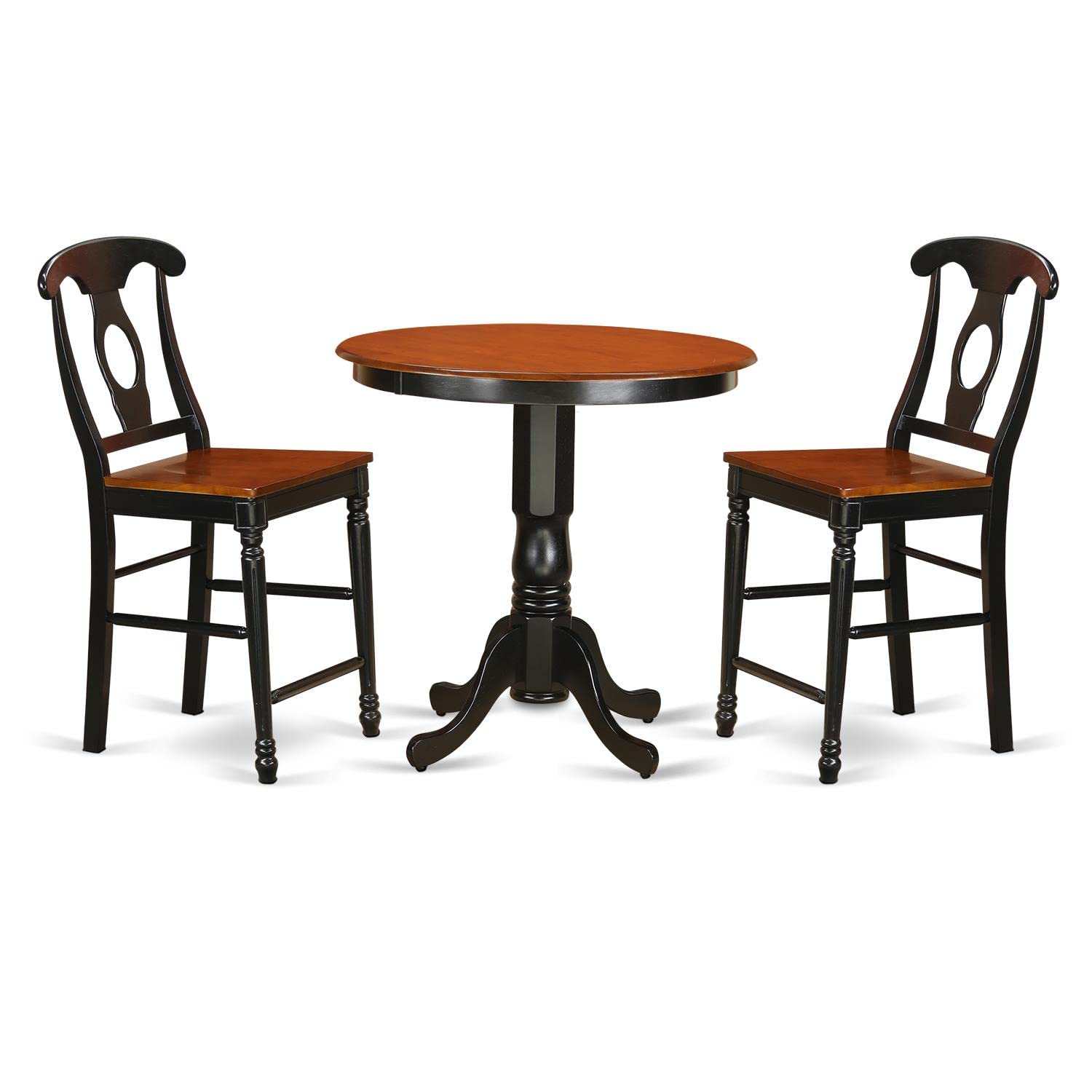 East West Furniture JAKE3-BLK-W 3 Piece Counter Height Dining Table Set Contains a Round Kitchen Table with Pedestal and 2 Dining Room Chairs, 36x36 Inch, Black & Cherry