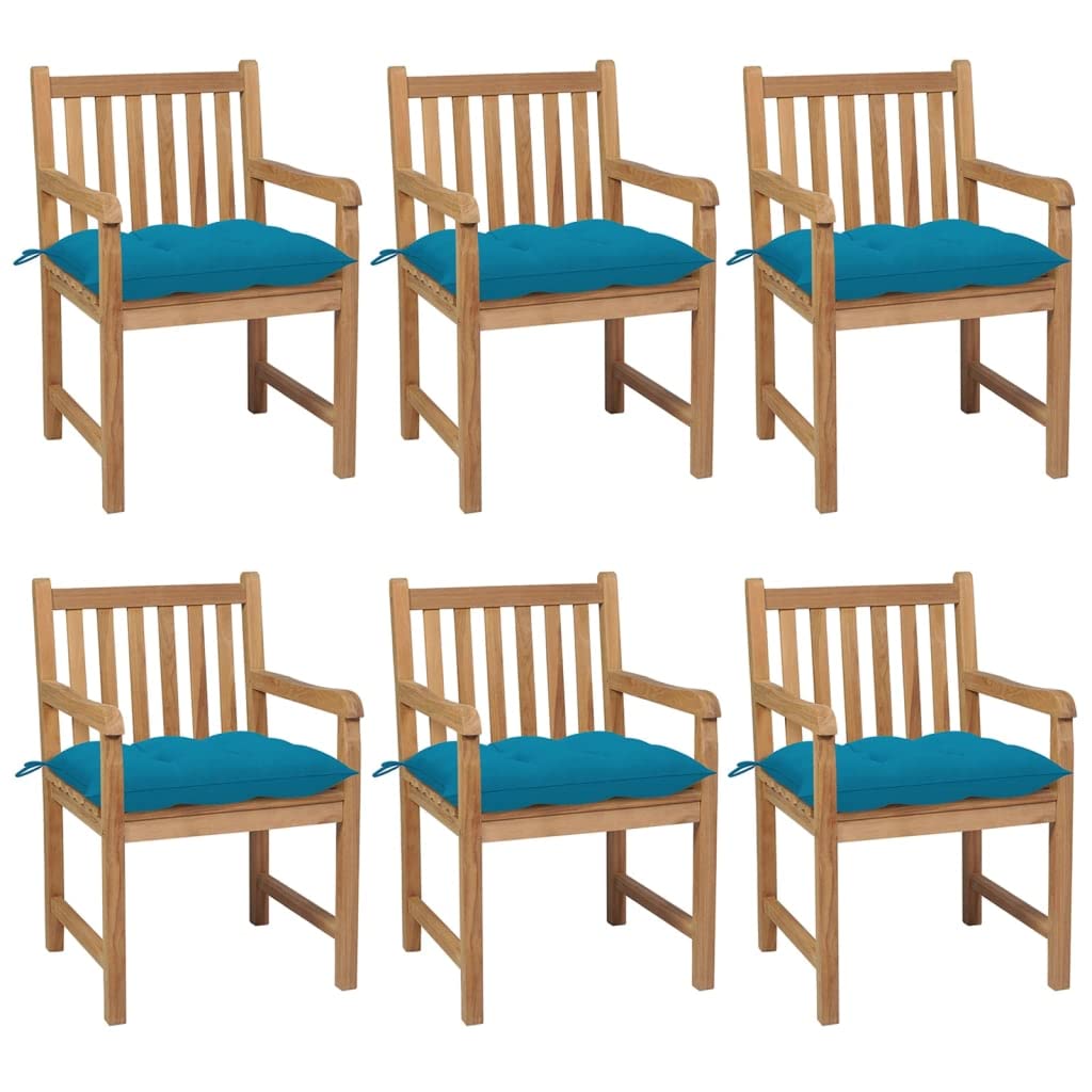 Vidaxl 6X Solid Teak Wood Patio Chairs Garden Outdoor Terrance Backyard Furniture Wooden Armchair Seating Chair Seat With Light Blue Cushions