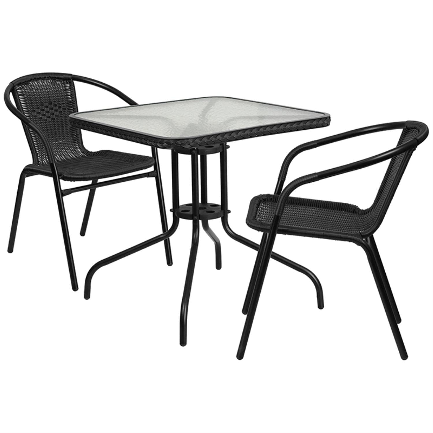 Flash Furniture Lila 28'' Square Glass Metal Table with Black Rattan Edging and 2 Black Rattan Stack Chairs