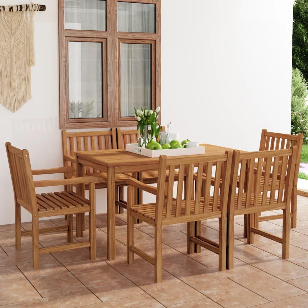 vidaXL 7-Piece Dining Set - Solid Teak Wood Construction, Suited for Indoor/Outdoor Use - Natural, Smooth Finish - Easy Assembly - Versatile and Long-Lasting