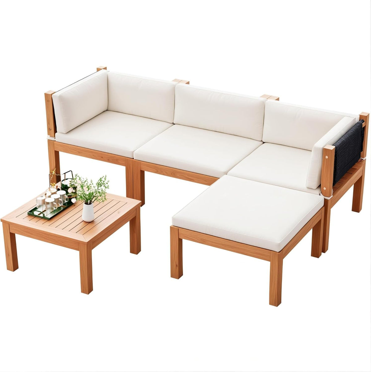 Devoko 5 Pieces Acacia Wood Outdoor Sectional Sofa Set With Coffee Table, Outdoor L-Shaped Couch With All-Weather Cushion For Pa