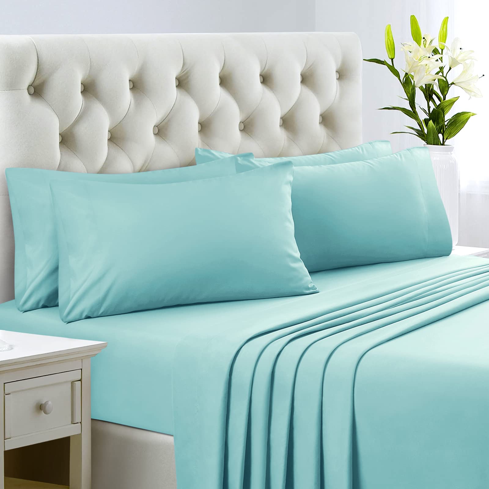 Homeideas King Size Bed Sheets - 6 Piece Set (Aqua Blue) - Extra Soft Brushed Microfiber 1800 Bedding Sheets, Deep Pocket, Wrinkle & Fade Free