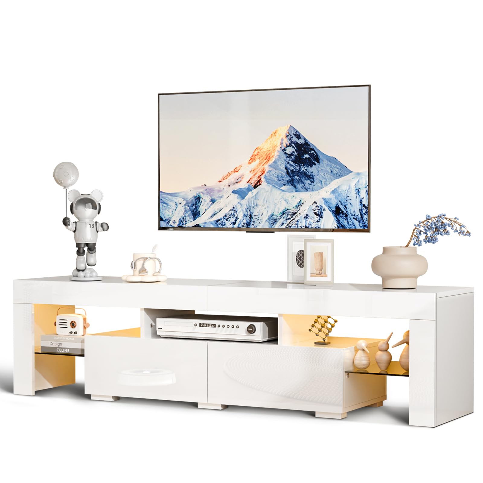 VINGLI LED TV Stand, 63'' High Glossy Modern Entertainment Center with Remote Control 20-Color LED Lights and 2 Large Storage Dr