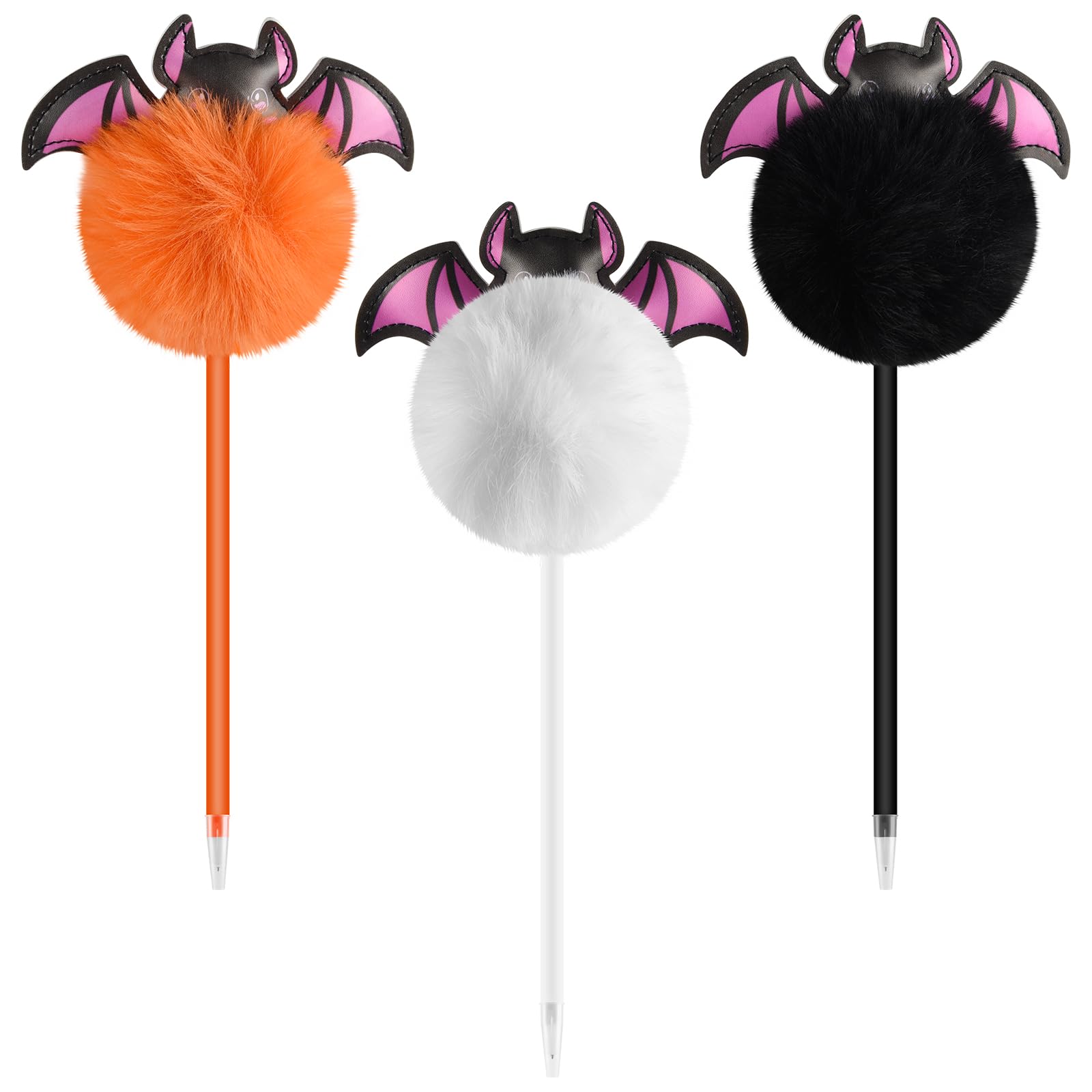 Zuazaor 3 Pieces Colorful Fuzzy Bat Pens Halloween Funny Pens Bat Ballpoint Pen Fluffy Pompoms Plastic Rollerball Pens for Women