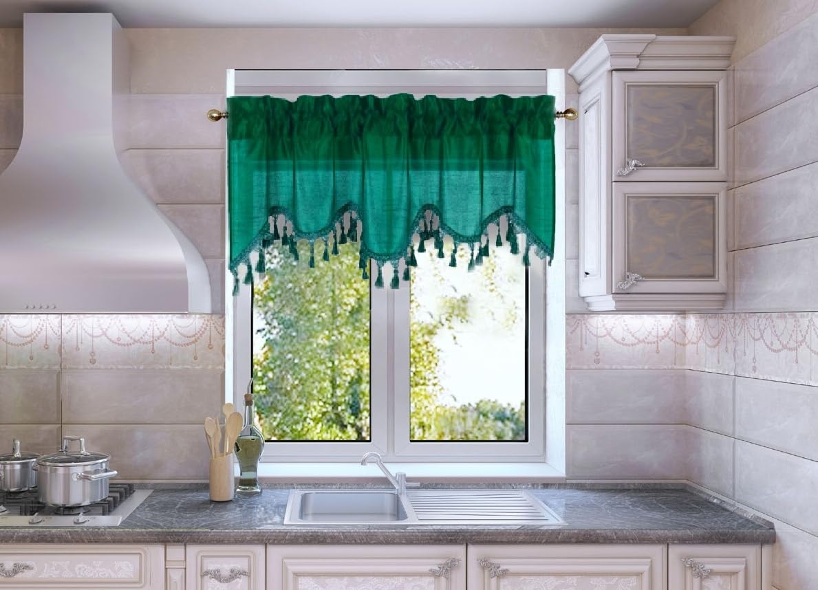 Solid Faux Silk Swag Waterfall Cascade Ascot Window Curtain Valance W/Tassels Trim 55' X18' Wave (1, Hunter Green)