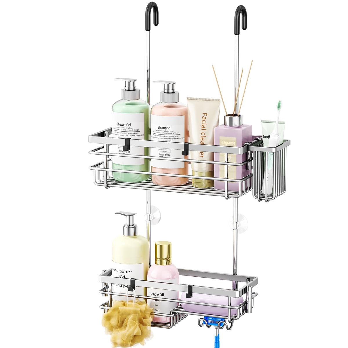 HapiRm Hanging Shower Caddy Organizer  No Drilling Shower Shelves with Hooks and Toothbrush Holder, Rustproof 304 Stainless Ste