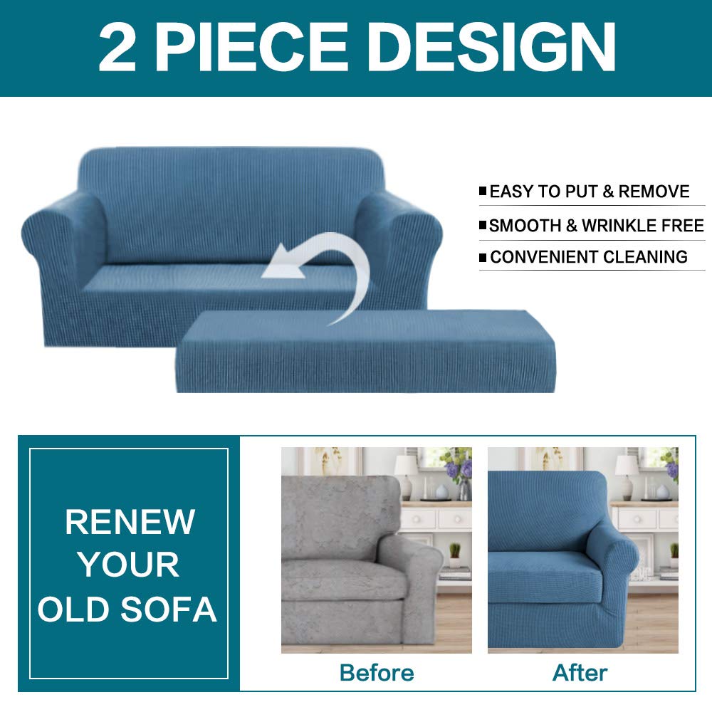 Turquoize Stretch Sofa Slipcover 2 Pieces Sofa Cover Couch Cover For 2 Cushion Couch Washable Furniture Protector Covers With Elastic Bottom Feature Thick Jacquard Fabric (Loveseat, Dusty Blue)