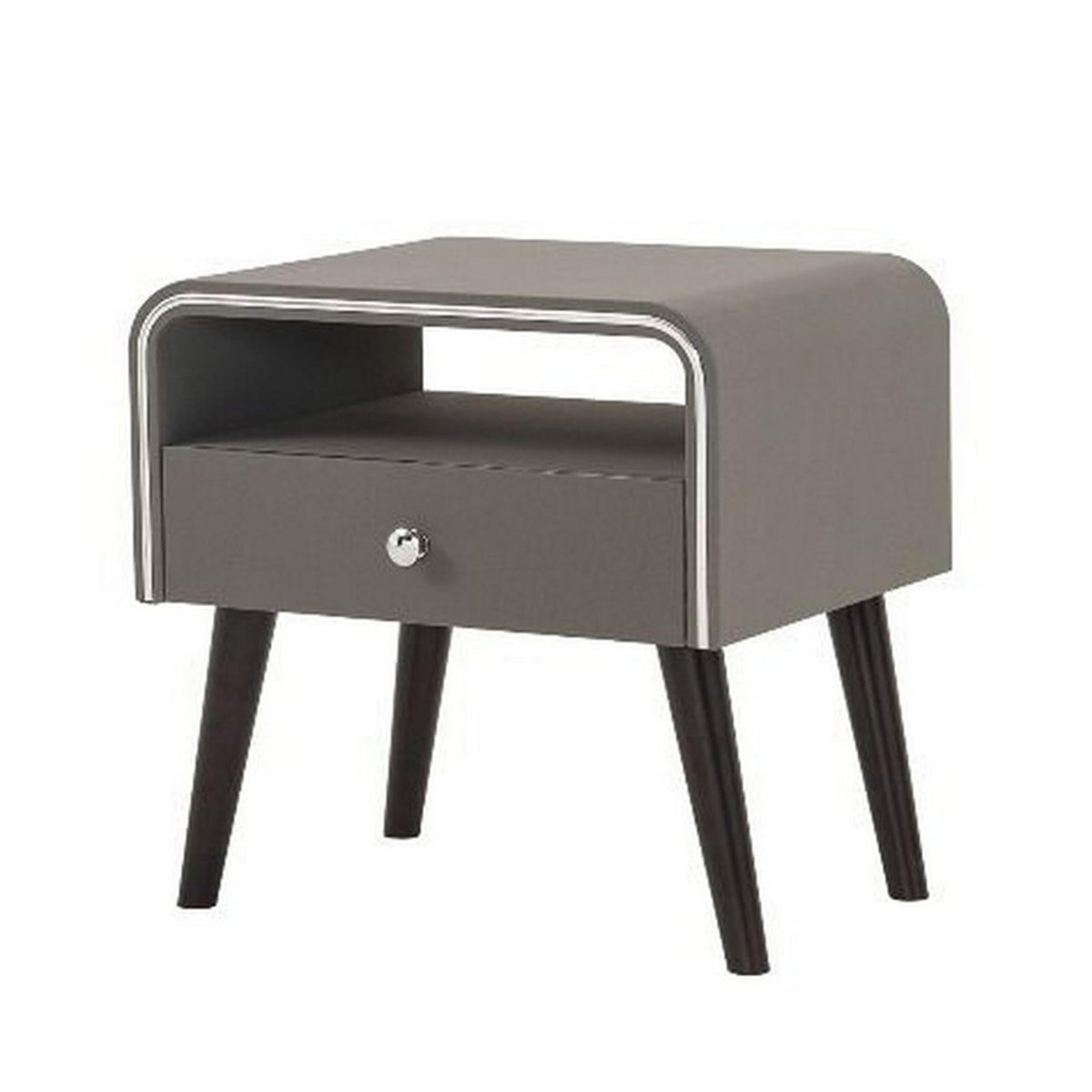 Benjara Curved Edge 1 Drawer Nightstand with Chrome Trim, Gray and Brown