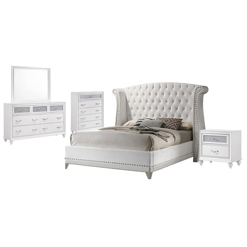 Coaster Home Furnishings Barzini Modern Classic 5-Piece Bedroom Set Velvet Upholstered California King Size Wingback Bed Frame 63-inch Headboard White 300843KW-S5