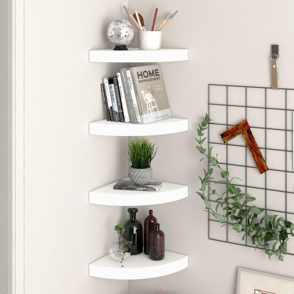 vidaXL Floating Corner Shelves Set of 4, White 9.8&quot;x9.8&quot;x1.5&quot;, Durable MDF and Strong Metal, Invisible Mount, Easy Assembly, Modern Wall Display Storage for Home Decor