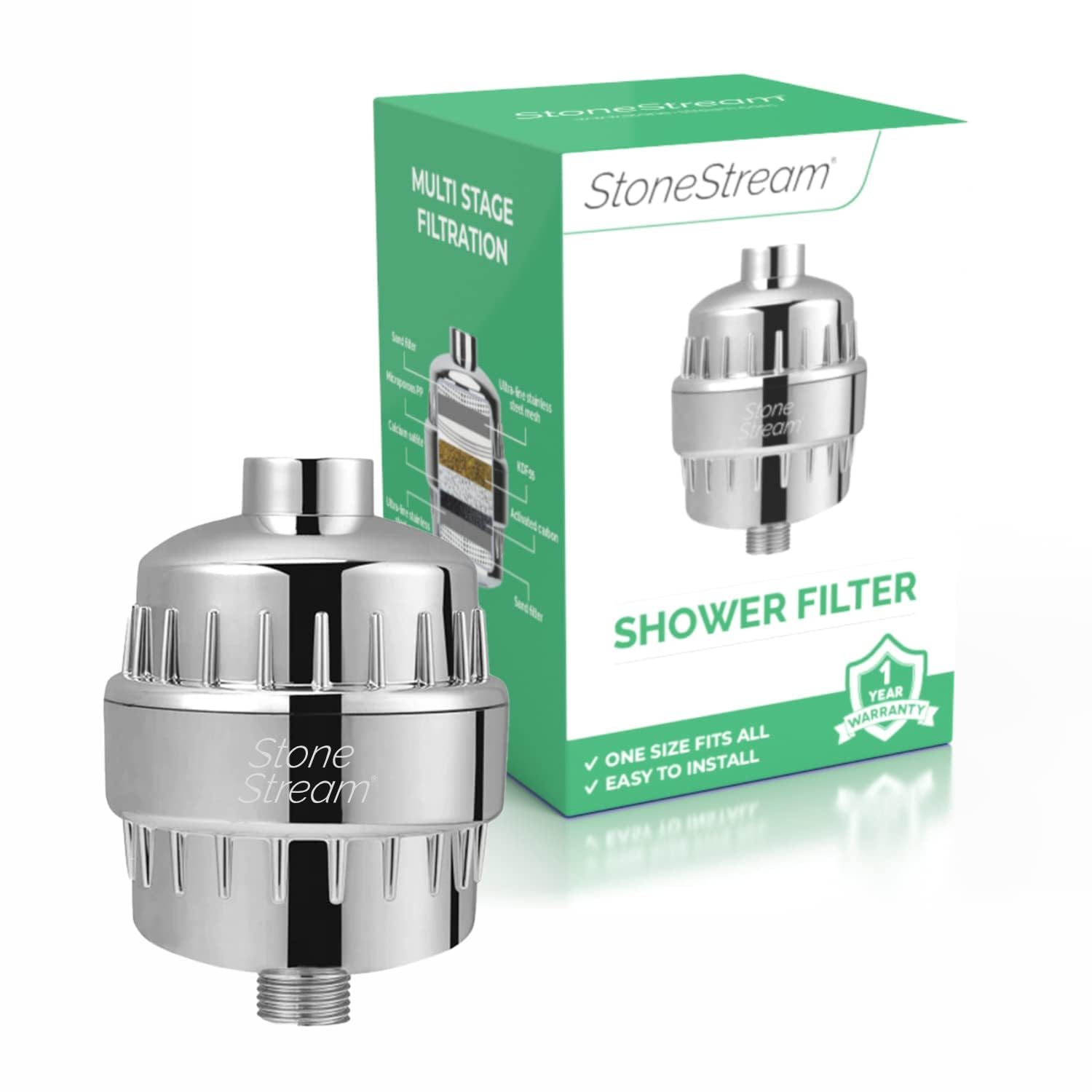 Shower Filter for Hard Water- Original StoneStream Shower head filter with Vitamin C and Activated Charcoal to remove Chlorine, 
