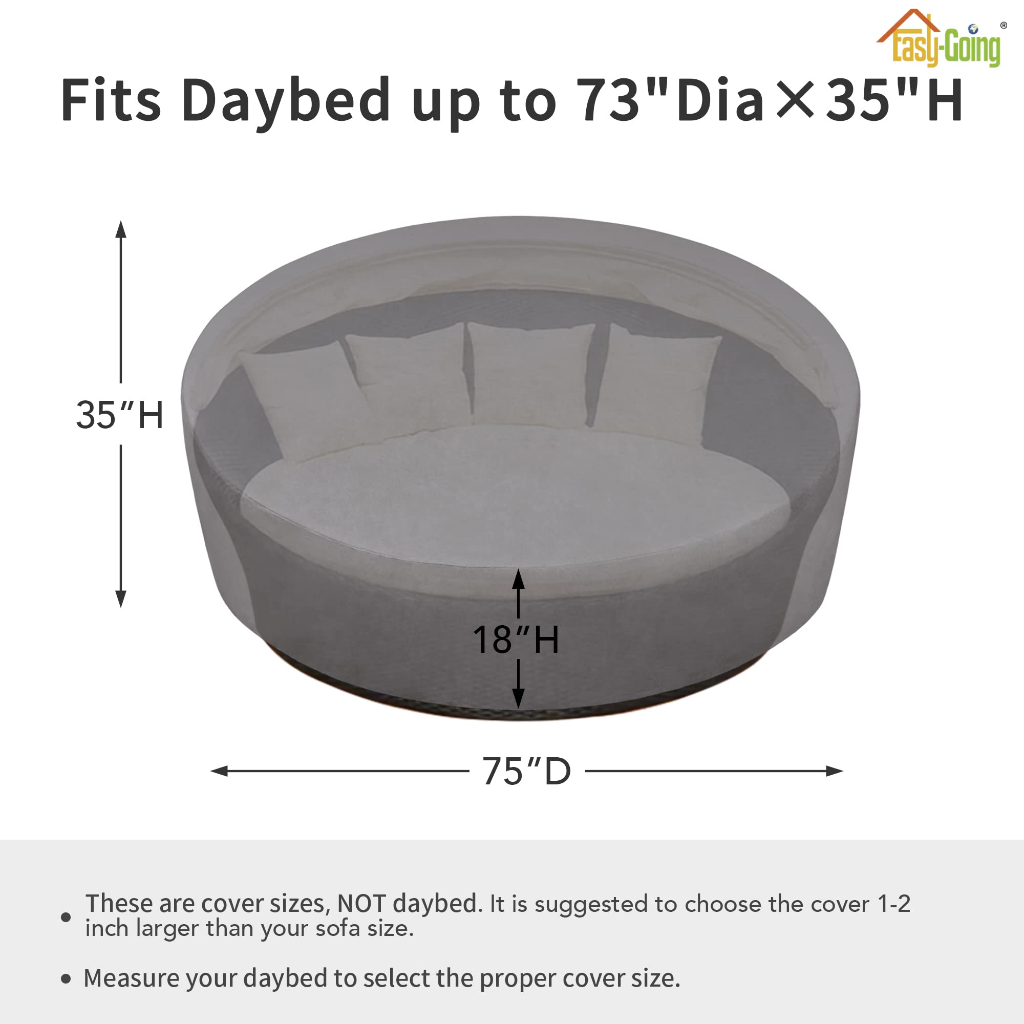 Easy-Going Heavy Duty 600D Outdoor Daybed Cover 75 Inch Uv Resistant Patio Round Sofa Cover Waterproof Outdoor Canopy Daybed Sofa Cover With Air Vent 75' Dia X 35'/18' H, Grey