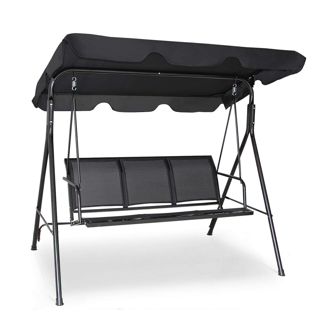 Tangkula 3 Person Patio Swing, Steel Frame With Polyester Angle Adjustable Canopy, All Weather Resistant Swing Bench, Suitable For Patio, Garden, Poolside, Balcony (Black)
