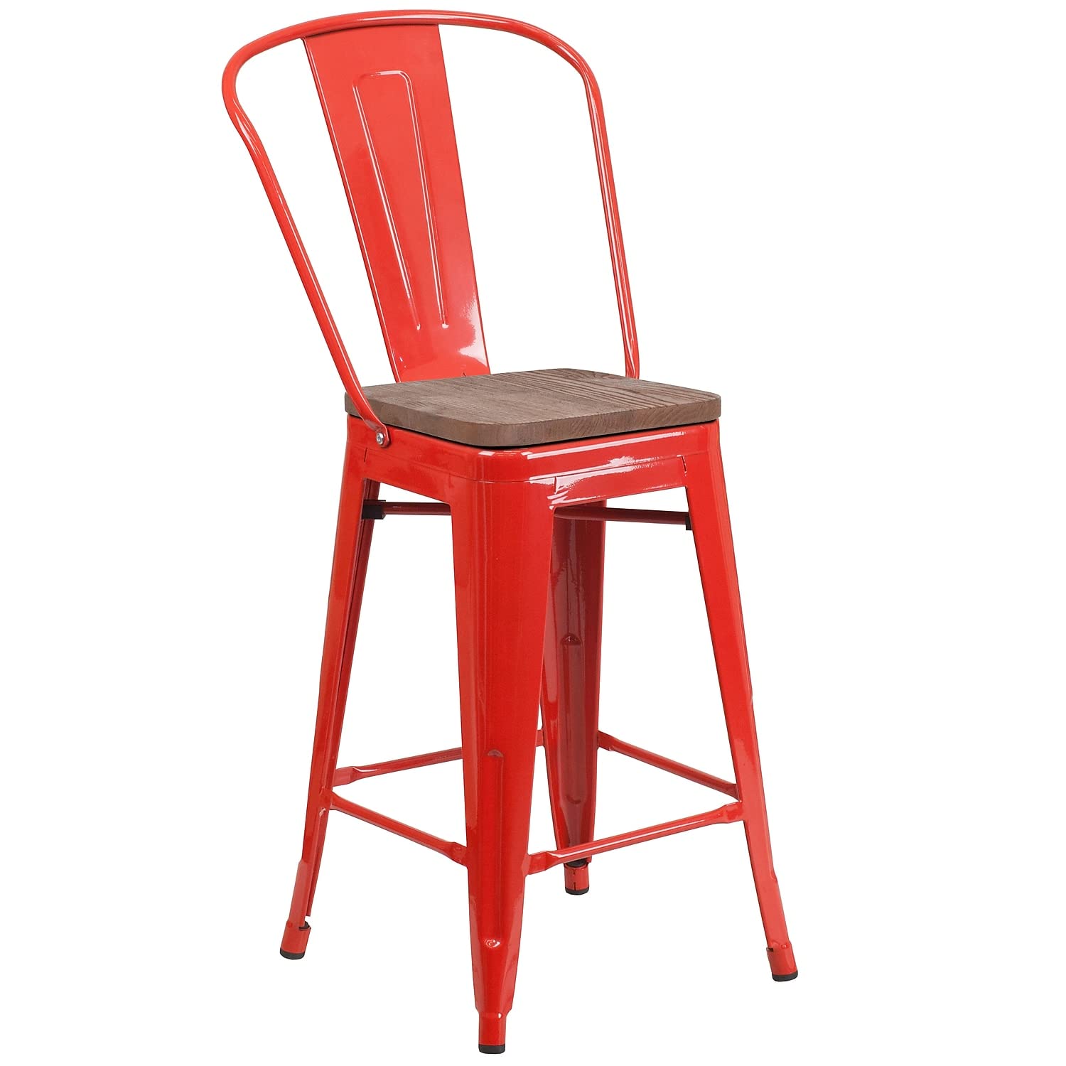 Flash Furniture Lily 24' High Red Metal Counter Height Stool With Back And Wood Seat (Pack Of 1)
