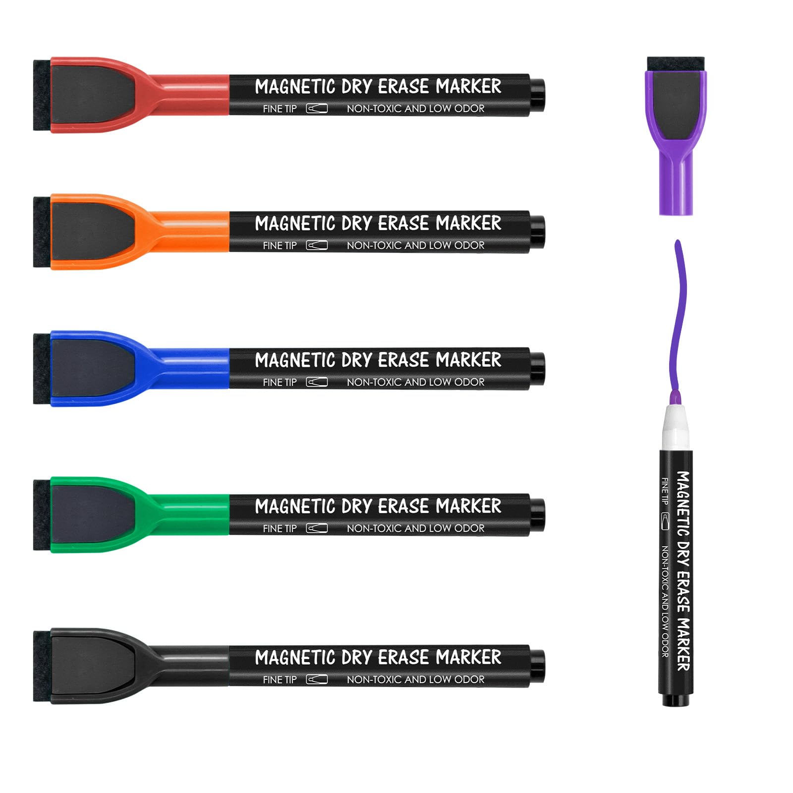 Maxtek Dry Erase Markers - 6 Count Colorful Magnetic Dry Erase Markers Fine Tip With Eraser, Low Odor Whiteboard Markers For Cal