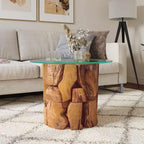 vidaXL Handmade Coffee Table with Solid Teak Driftwood Base and Tempered Glass Top - 23.6" Round Side Table Perfect for Living Room