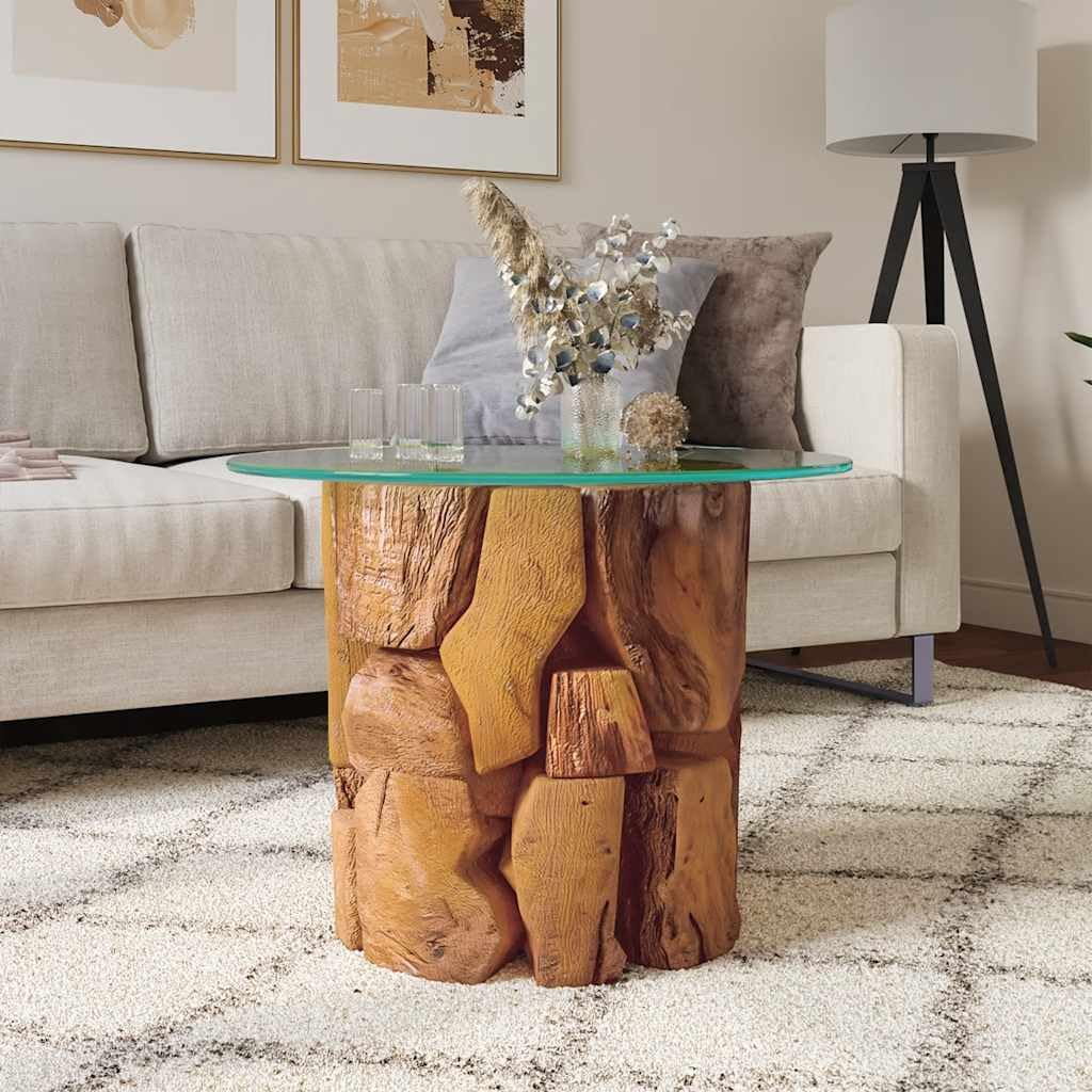 vidaXL Handmade Coffee Table with Solid Teak Driftwood Base and Tempered Glass Top - 23.6" Round Side Table Perfect for Living Room