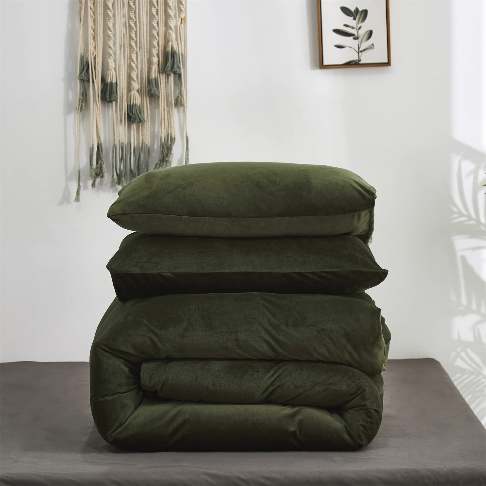 Karever Dark Green Velvet Comforter Set Full Army Green Flannel Velvet Bedding Comforter Set All Deep Green 3 Pcs Shaggy Soft Wa
