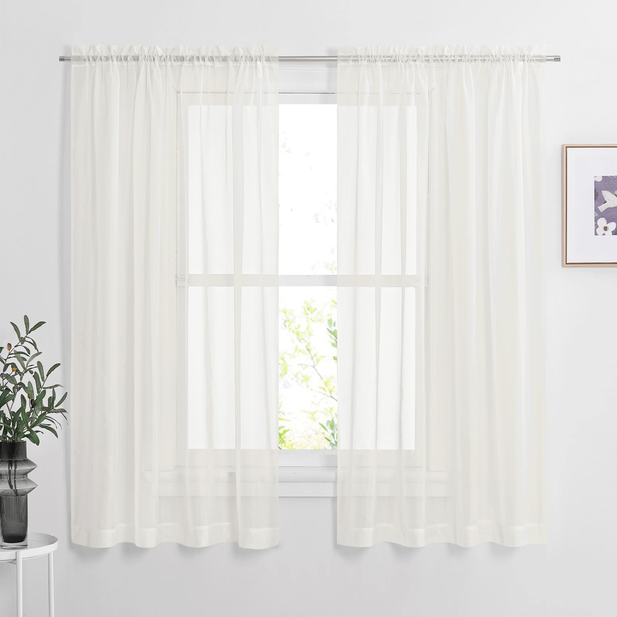 Nicetown Beige Sheer Curtains 63 Inches Length For Bedroom, Rod Pocket Voile Texture Sheer Window Treatment For Living Room, 60'
