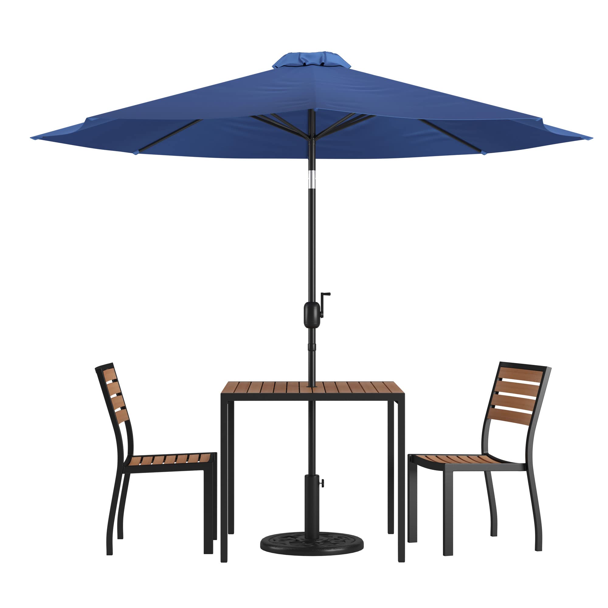 Flash Furniture Lark 5 Piece Patio Table Set - 2 Synthetic Stackable Faux Teak Chairs - 35&quot; Square Faux Teak Table - Navy Umbrella with Base