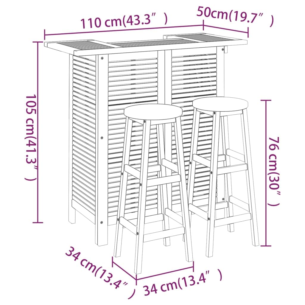 vidaXL Patio Bar Set 3 Piece, Dining Table Set for Outdoor, Bar Table for Garden Yard, Patio Bar Stool, Farmhouse, Solid Wood Acacia