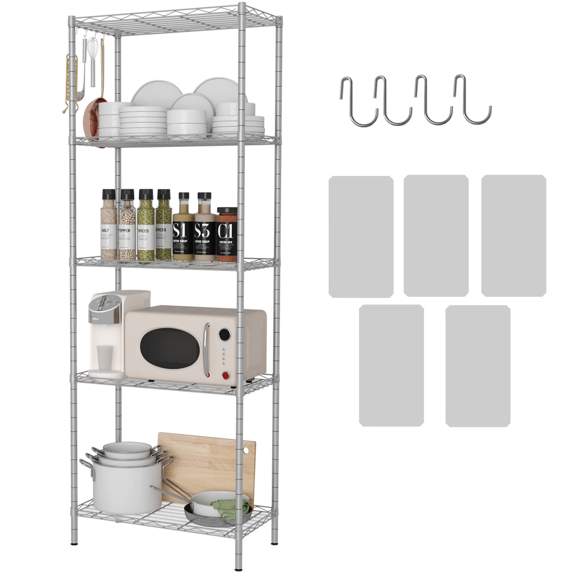 Homefort 5-Shelving Unit, Adjustable Wire Shelving, Metal Wire Shelf With Shelf Liners And Hooks For Kitchen, Closet, Bathroom, Laundry,Sliver,21' W X 11' D X 59' H