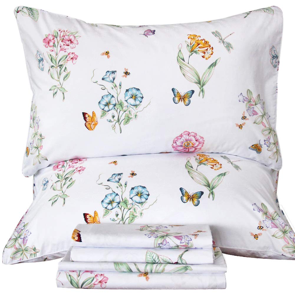 Qsh Floral Queen Size Sheet Sets - Flower Butterfly Print Pattern Egyptian Cotton Printed Bedding Sheets Queen Size Bed Extra So