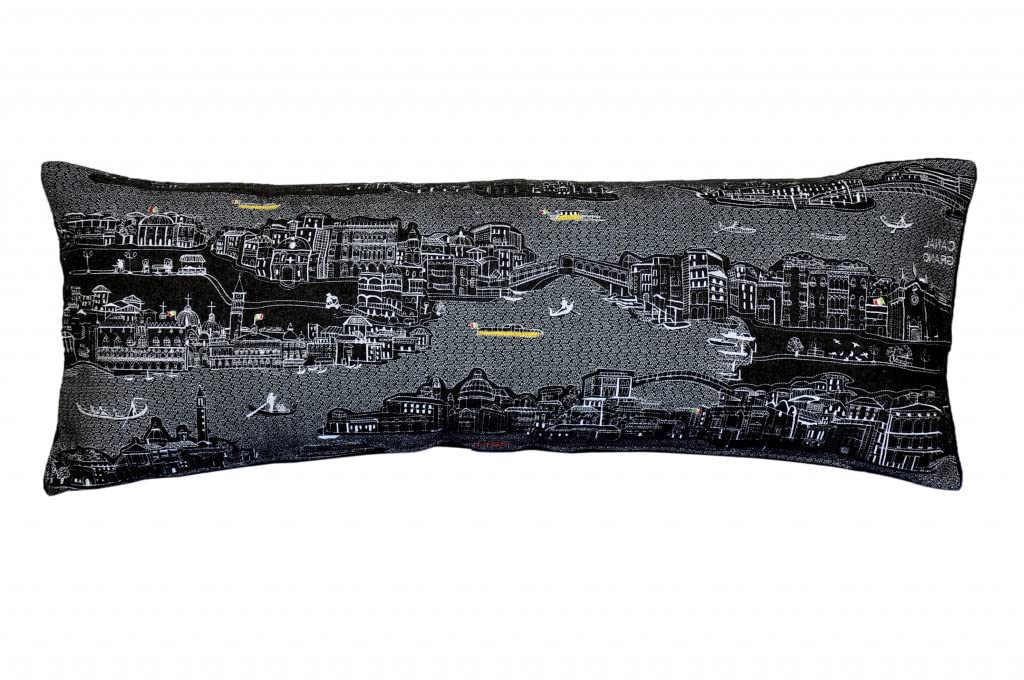 HomeRoots Grey 35' Black Venice Nighttime Skyline Lumbar Decorative Pillow