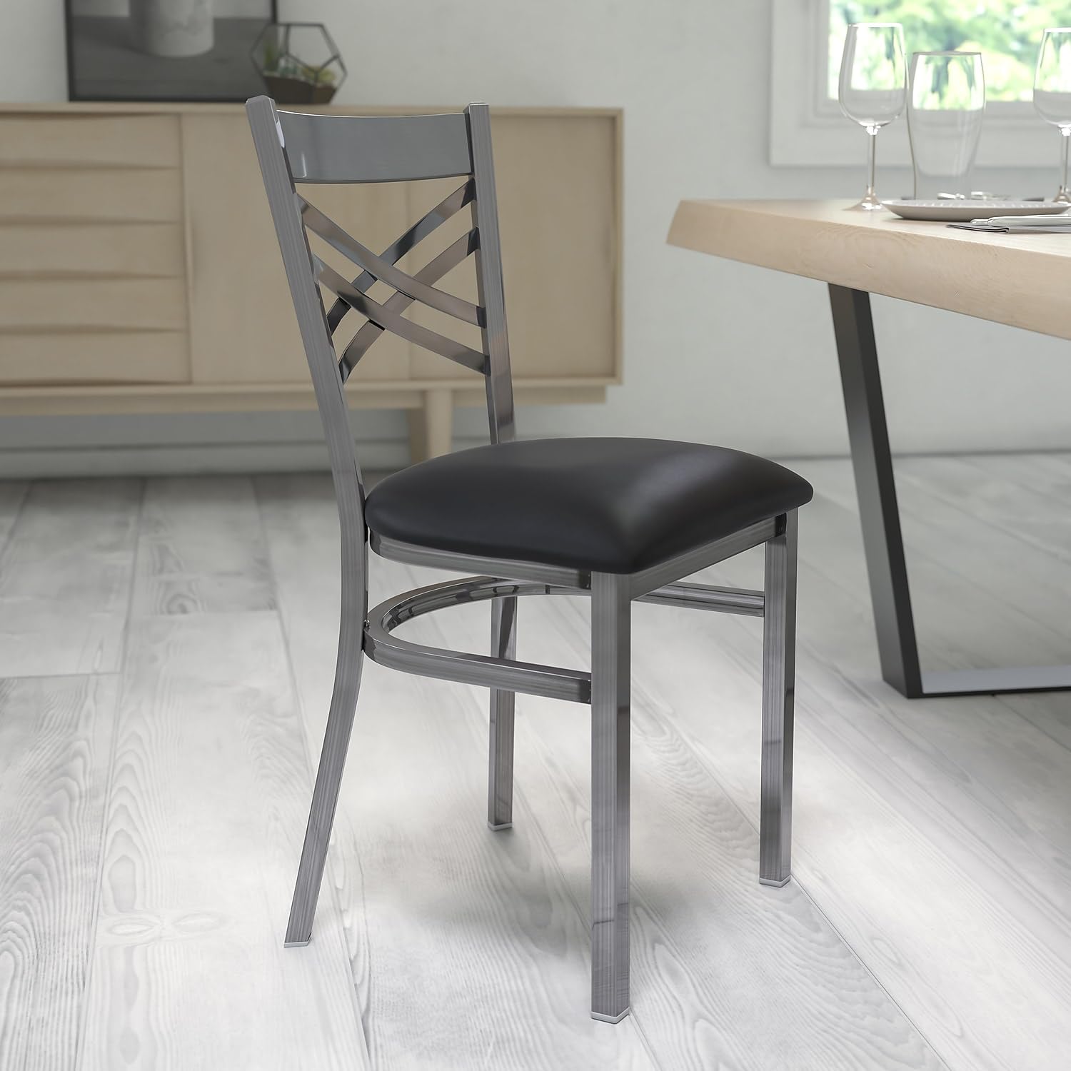 Flash Furniture Hercules Series Clear Coated ''X'' Back Metal Restaurant Chair - Black Vinyl Seat