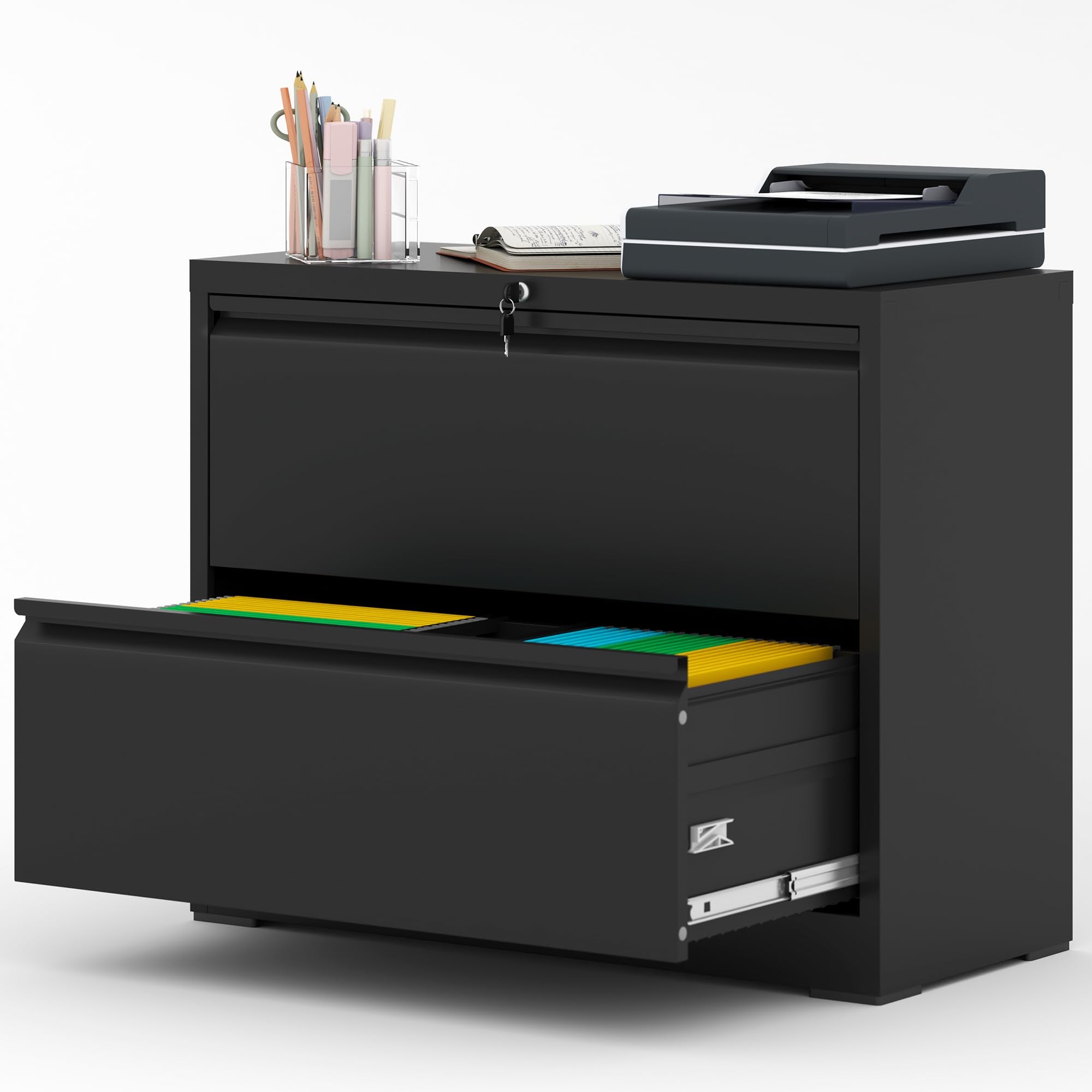 Aqy 2 Drawer File Cabinet With Lock,Metal Lateral File Cabinets For Home Office,Steel Wide Filing Organization Storage Cabinets For Hanging Files Letter/Legal/F4/A4 Size(Black)