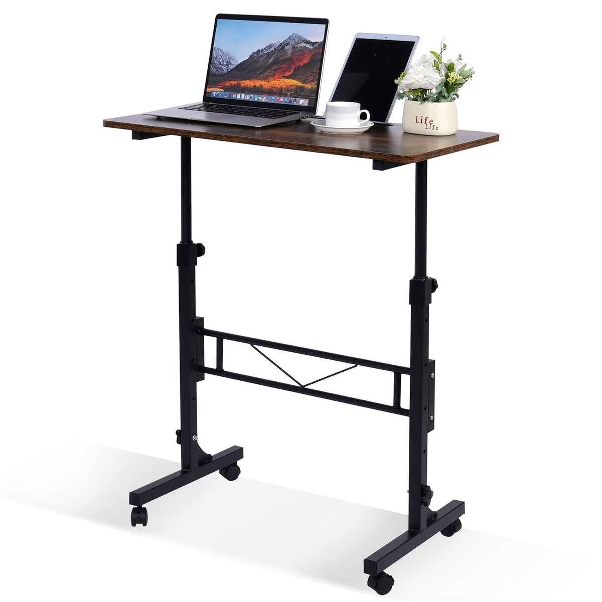 Standing Desk Adjustable Height, Mobile Stand Up Desk With Wheels Small Computer Desk Rolling Desk, Portable Laptop Desk Rustic Standing Table Sit Stand Home Office Desks 16'X31.5' Height 27'-43.5'