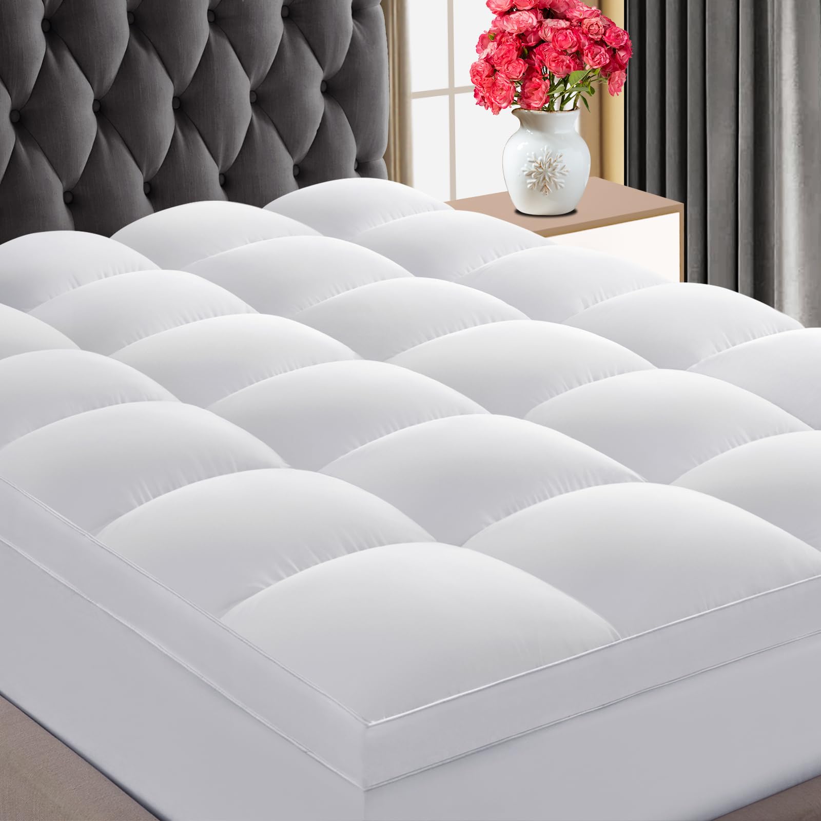 Chokit Luxury Soft 5D Spiral Fiber Queen Mattress Topper, Extra Thick Mattress Pad Cover For Back Pain Relief, Cooling Breathabl