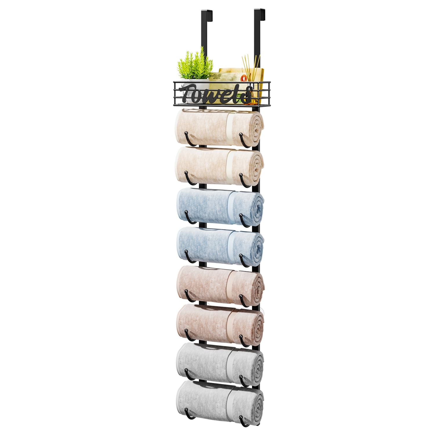 HapiRm 9-Tier Over The Door Towel Racks for Bathroom - Wall Mounted Towel Holder with Metal Shelf - Rolled Towel Organizer Door 
