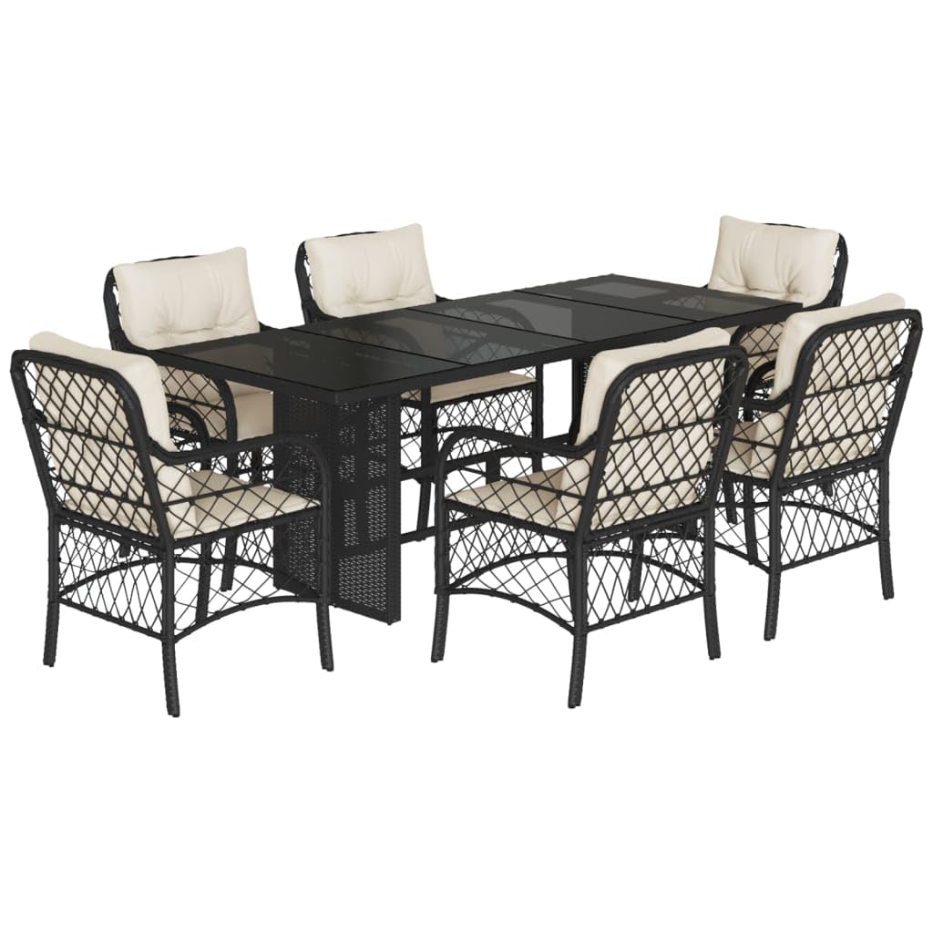 vidaXL 7 Piece Patio Dining Set - Black Rattan & Steel with Cushions - Glass Top Table for Garden/Backyard/Patio - Weather-Resistant