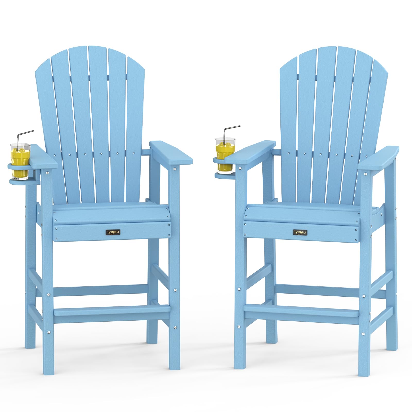 VINGLI Tall Adirondack Chairs Set of 2, All-Weather Plastic Adirondack Chair with Cup Holders, Heavy-Duty HDPE Outdoor Bar Stool